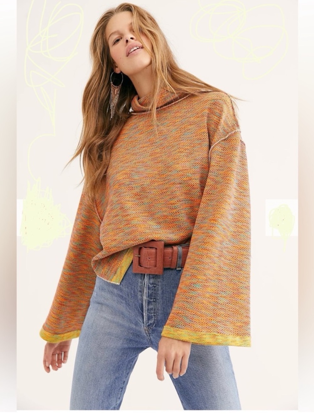 We The Free Multicolor Orange Funnel Neck Sweater